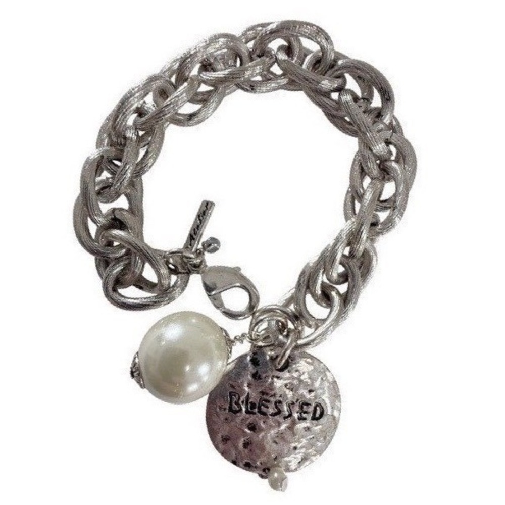 Atelier Charm Bracelet 8 Inch Silver Tone Blessed Disc Faux Pearl Jewelry